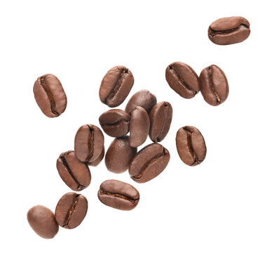 Coffee beans splashing isolated