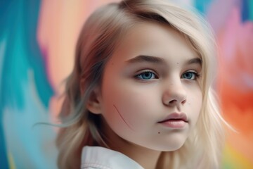 Young girl on abstract background, that reflects the girl's playful spirit. Generative AI