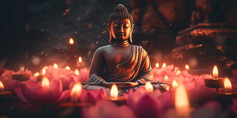 buddha sit in pink red exotic flowers garden ,candles light blurred background,generated ai - obrazy, fototapety, plakaty