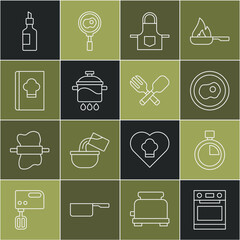 Set line Oven, Stopwatch, Scrambled eggs, Kitchen apron, Cooking pot, Cookbook, Bottle of olive oil and Crossed fork and spoon icon. Vector