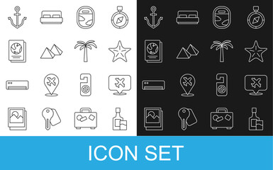 Set line Whiskey bottle and glass, Speech bubble with airplane, Starfish, Airplane window, Egypt pyramids, Passport, Anchor and Tropical palm tree icon. Vector