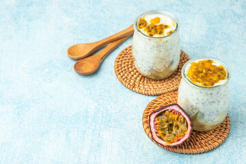 Passion fruit and chia yogurt Dessert, Healthy, clean eating. Vegan or gluten free diet. banner,...