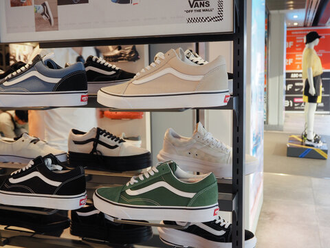 TOKYO, JAPAN - May 17, 2023: Vans sneakers on display in a store in Tokyo's Harajuku area.