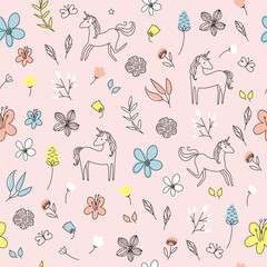 Magical fantasy unicorn pattern. Editable and repeating vector illustration file. Childish print design. Can use for fashion, wallpaper, web, print, etc.