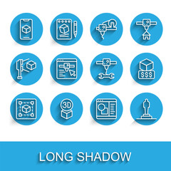 Set line Geometric figure Cube, Isometric cube, 3D printer software, model, setting, services and wrench spanner icon. Vector