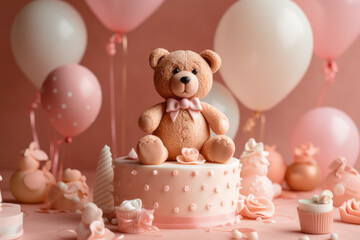 Beautifully decorated baby shower pink cupcake for girl with cream and soft toy Taddy Bear on the cake.  Generated Ai