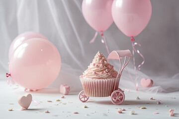 Beautifully decorated baby shower pink cupcake for girl with cream and toppers on white background. Generated Ai
