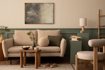 Warm composition of living room interior with mock up poster frame, beige sofa, stylish armchair,...