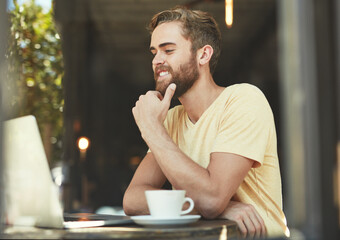 Cafe laptop, thinking and man reading online blog story, positive customer experience review or doing internet research. Coffee shop restaurant, freelance remote work and person working on project