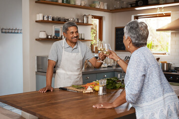 Portrait of old woman in kitchen with man, tablet and cooking healthy food together in home. Digital recipe, smile and senior couple in house with meal prep, happiness and wellness diet in retirement