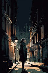 A woman walks around a big city. Illustration of Generative AI. grunge background