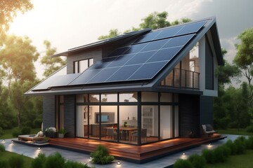 Fototapeta na wymiar Modern House with Photovoltaic Solar Panels on the Roof. AI