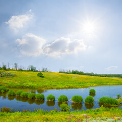 small calm river with forest on coast at sunny day summer rural contryside  landscape