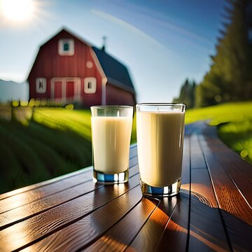 two glasses of milk on wooden table in front of a barn
