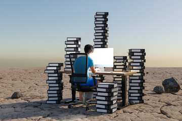 single man sitting at pc office workplace in desert environment with huge stacks of document binders; workload stress burnout concept; 3D Illustration