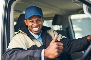 Delivery van, courier and portrait of man with thumbs up for distribution, shipping logistics and transport. Ecommerce, yes gesture and happy African male driver to deliver package, order and parcel - obrazy, fototapety, plakaty