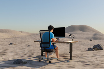 Fototapeta na wymiar man sitting at pc office workplace in desert environment; workload stress burnout concept; 3D Illustration