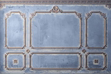 Classic wall of old gold stucco panels blue paint - obrazy, fototapety, plakaty