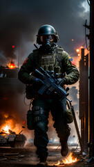 Naklejka premium Soldier in war zone, with explosions and burning buildings.