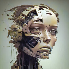 Futuristic robot - woman, destruction and fragility. Generative AI