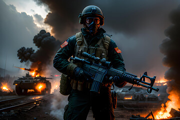 Soldier in war zone, with explosions and burning buildings.