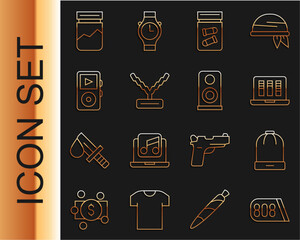 Set line Drum machine music, Winter hat, Sound or audio recorder, Evidence bag with bullet, Rapper chain, Music player, Plastic of drug and Stereo speaker icon. Vector