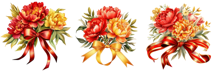 Watercolor pink and yellow peonies wedding gold ribbon tied white Background ,transparent background, PNG , Generative AI