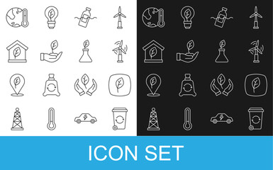 Set line Recycle bin, Leaf Eco symbol, Wind turbine, The problem of pollution, Plant hand, friendly house, Earth melting to global warming and breeding icon. Vector