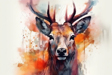 Watercolor colorful art portrait of a red deer in the forest. Generative AI illustration.