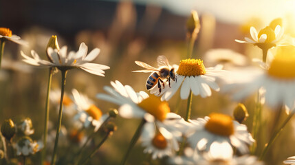 Soft focus shot of bee in sunset light flying over white daisies with shallow depth of field creating a soft landscape atmosphere. - obrazy, fototapety, plakaty