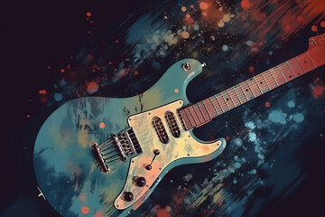 Obraz na płótnie Canvas Abstract background illustration of a electric guitar with grunge noise and colorful texture. Music industry theme. Generative AI