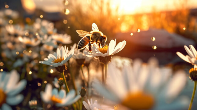 Soft focus shot of bee in sunset light flying over white daisies with shallow depth of field creating a soft landscape atmosphere.