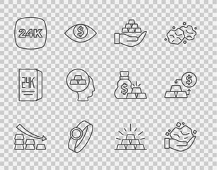 Set line Falling arrow with gold bars, Gold nugget, hand, ring, 24k, and exchange money icon. Vector