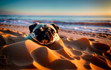 Cute pug dog walks on a sandy beach against the background of the ocean during sunset. Generative AI.