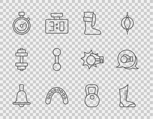 Set line Boxing bell, Sport boxing shoes, Mouth guard boxer, Stopwatch, Dumbbell, Weight and glove icon. Vector