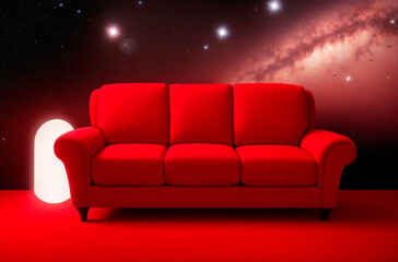 Red sofa on the background of the night and starry sky. Generative AI.