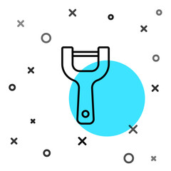 Black line Vegetable peeler icon isolated on white background. Knife for cleaning of vegetables. Kitchen item, appliance. Random dynamic shapes. Vector