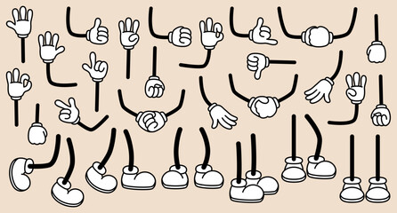 Retro cartoon feet in shoe and hands in gloves. Vintage comic legs poses and hands gestures. Different foot movements and positions. Animation mascot body parts. Vector illustration