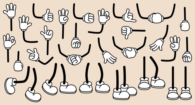 Retro cartoon feet in shoe and hands in gloves. Vintage comic legs poses and hands gestures. Different foot movements and positions. Animation mascot body parts. Vector illustration