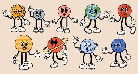 Funny cartoon planets of solar system characters. Mercury, Venus, Earth, Mars, Jupiter, Saturn, Uranus, Neptune mascots. Comic elements in trendy retro cartoon style. Vector illustration © Marta Sher