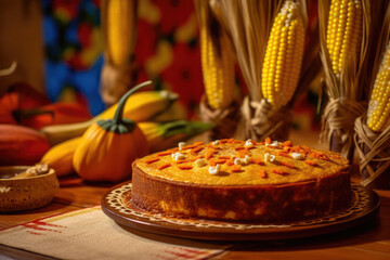 Naklejka premium Corn or cornmeal cake, traditional homemade June feast in Brazil, rustic background. Generative AI