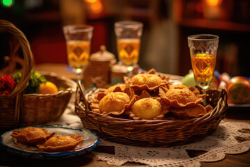 Corn or cornmeal biscuits on a table decorated for the traditional Festa Junina. Saint John's festival. Generative AI