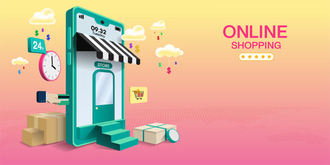 Shopping Online on Mobile Application or Website. Digital marketing. Horizontal view.