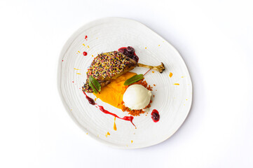 Duck with cowberry sauce and ice cream isolated