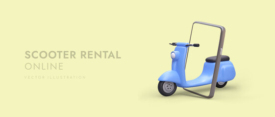 Rent moto scooters online. Choosing best model, paying for rental on website. Phone application for ordering scooter. Horizontal poster for advertising personal motorized vehicle rental services