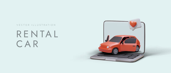 Car sharing service. Selection of your favorite car model. Test drive. 3D car and laptop. Application for collecting reviews about cars. Advertising banner with realistic illustration and title