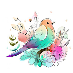 Obraz premium Delicate Watercolor Bird Amongst a Garden of Colorful Flowers, Generative AI