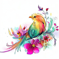Fototapeta premium Whimsical Bird Illustration in Watercolor and Vibrant Hues, Generative AI