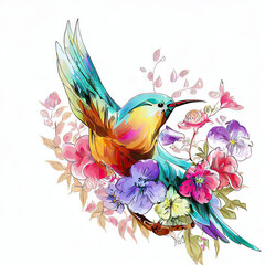 Colorful Watercolor Bird Perched Amongst Flowers, Generative AI