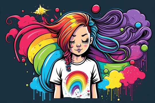 Cute girl with rainbow hair in a sweet fantasy illustration, perfect for t-shirt prints and merchandise. AI